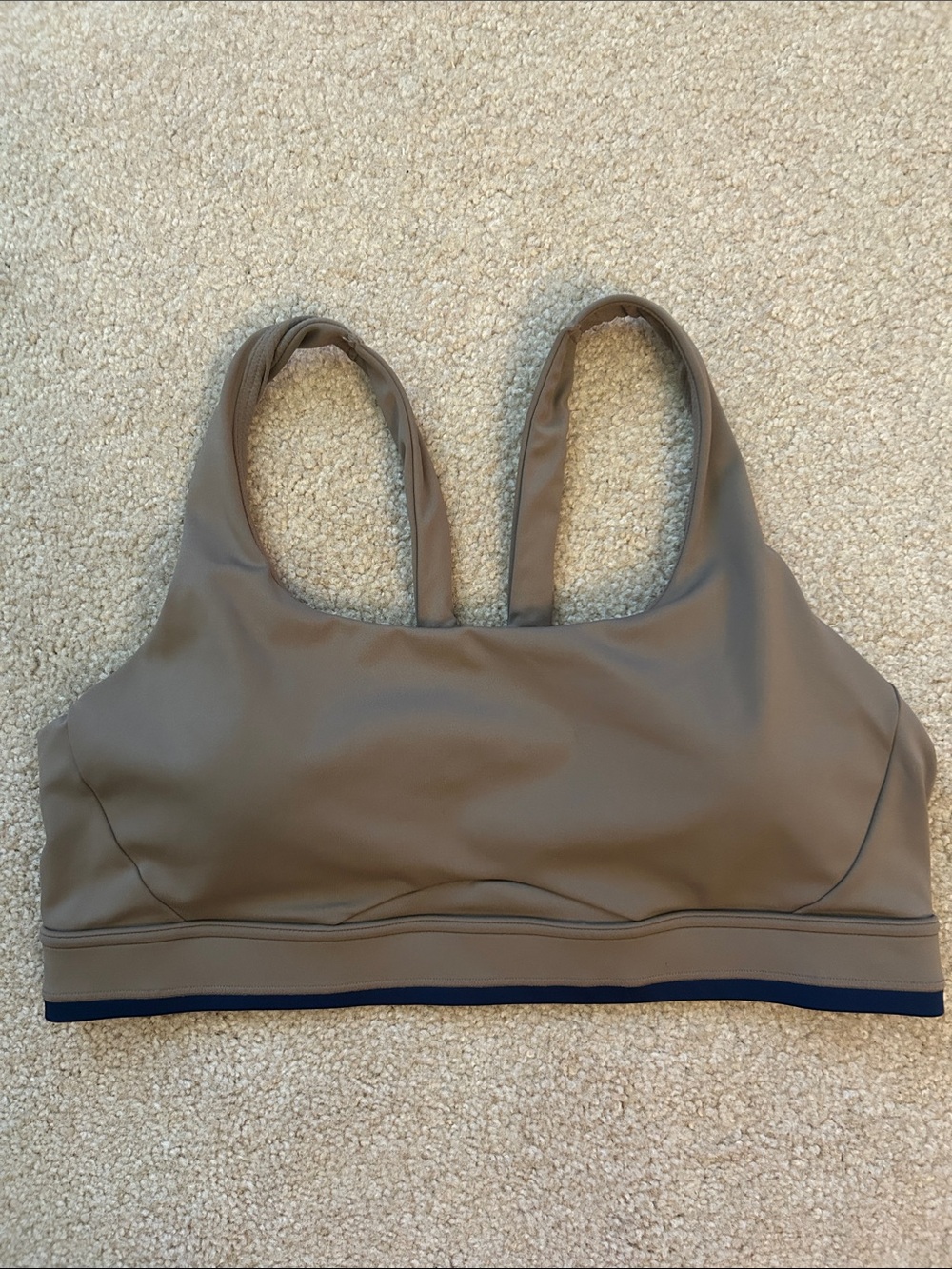 Athleta Interval A-C Sports Bra - Taupe with Navy trim. L